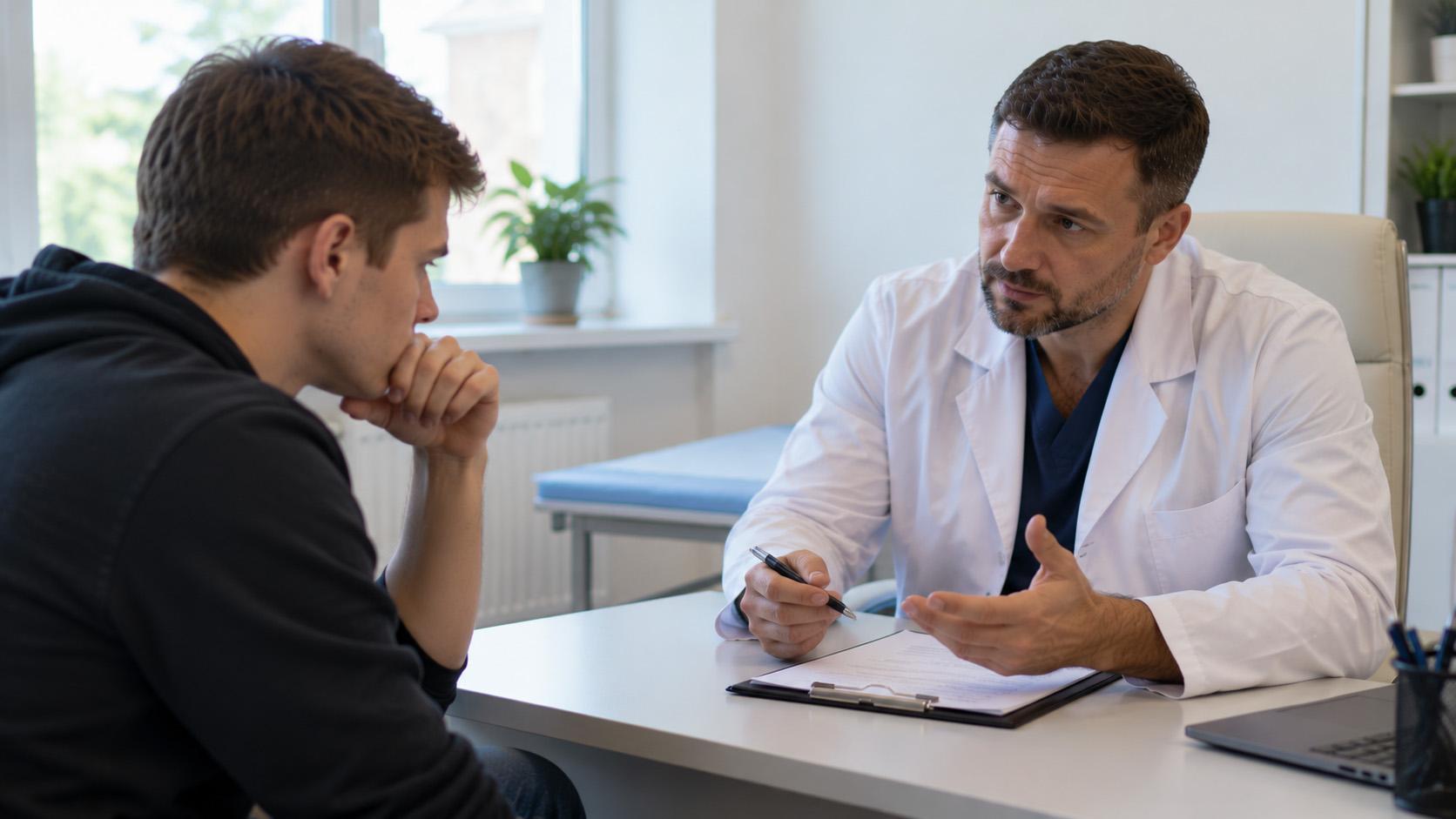 Лечение пивного алкоголизма — консультация нарколога и выбор методов терапии. Молодой мужчина на консультации у врача-нарколога в современной клинике обсуждает лечение пивного алкоголизма и преодоление алкогольной зависимости.
